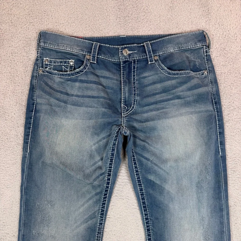 True Religion Section Slim Mens Jeans 40 Medium Wash White Contrast Stitch Blue